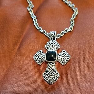 Elegant Silver Cross Pendant Necklace with Black Stone